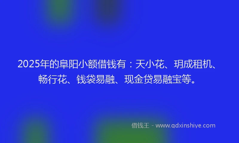 2025年的阜阳小额借钱有：天小花、玥成租机、畅行花、钱袋易融、现金贷易融宝等。