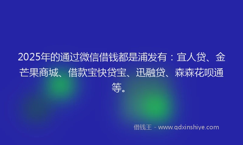 2025年的通过微信借钱都是浦发有：宜人贷、金芒果商城、借款宝快贷宝、迅融贷、森森花呗通等。