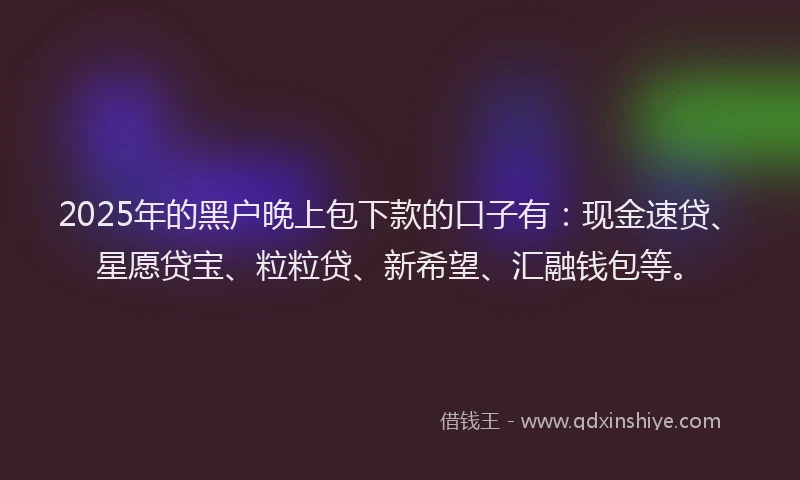 2025年的黑户晚上包下款的口子有：现金速贷、星愿贷宝、粒粒贷、新希望、汇融钱包等。