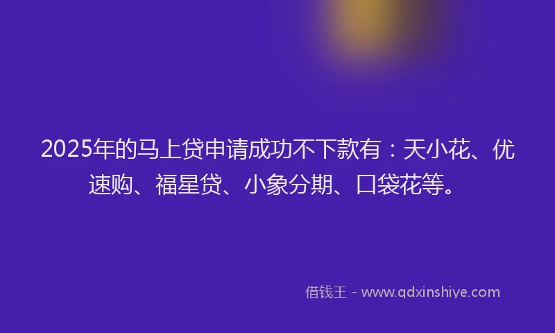 2025年的马上贷申请成功不下款有：天小花、优速购、福星贷、小象分期、口袋花等。