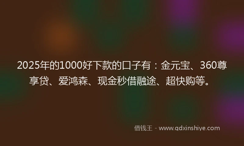 2025年的1000好下款的口子有：金元宝、360尊享贷、爱鸿森、现金秒借融途、超快购等。