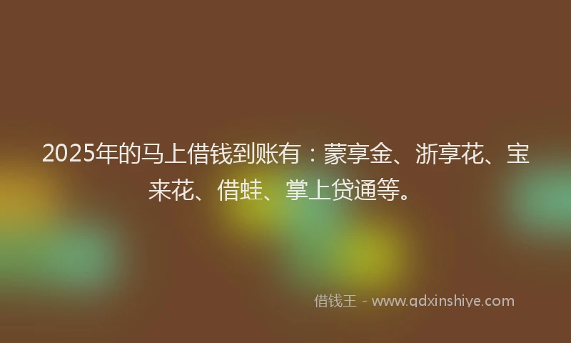 2025年的马上借钱到账有：蒙享金、浙享花、宝来花、借蛙、掌上贷通等。
