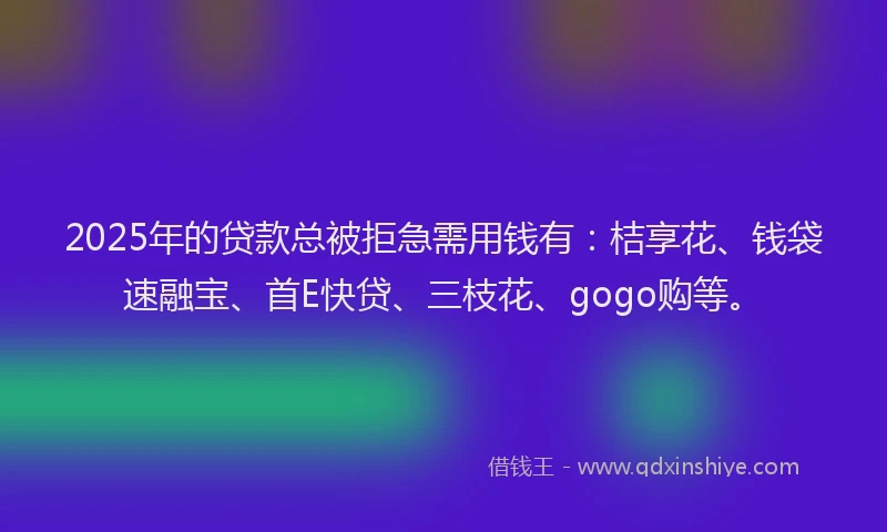 2025年的贷款总被拒急需用钱有：桔享花、钱袋速融宝、首E快贷、三枝花、gogo购等。