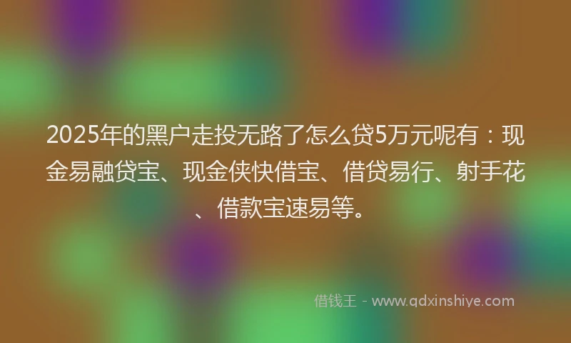 2025年的黑户走投无路了怎么贷5万元呢有：现金易融贷宝、现金侠快借宝、借贷易行、射手花、借款宝速易等。