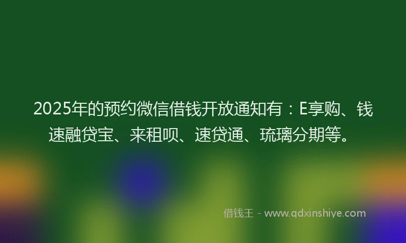 2025年的预约微信借钱开放通知有：E享购、钱速融贷宝、来租呗、速贷通、琉璃分期等。