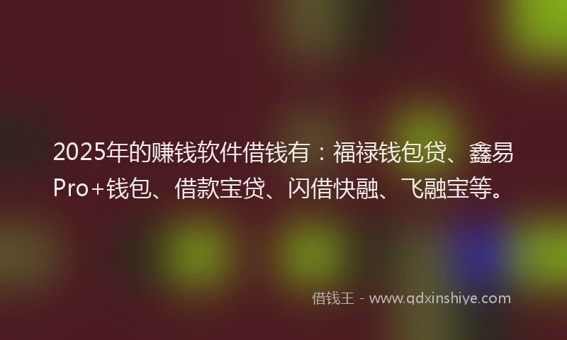2025年的赚钱软件借钱有：福禄钱包贷、鑫易Pro+钱包、借款宝贷、闪借快融、飞融宝等。