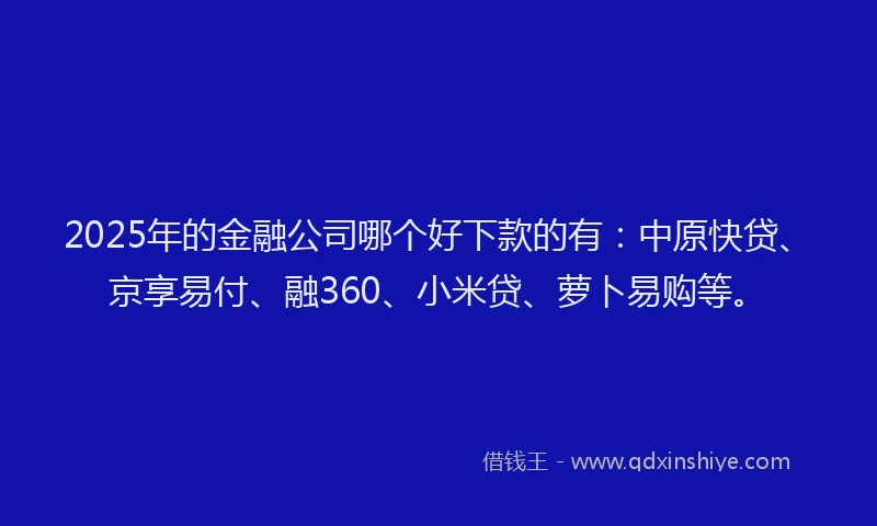2025年的金融公司哪个好下款的有：中原快贷、京享易付、融360、小米贷、萝卜易购等。