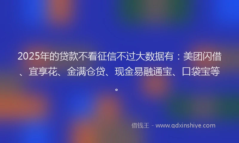 2025年的贷款不看征信不过大数据有：美团闪借、宜享花、金满仓贷、现金易融通宝、口袋宝等。