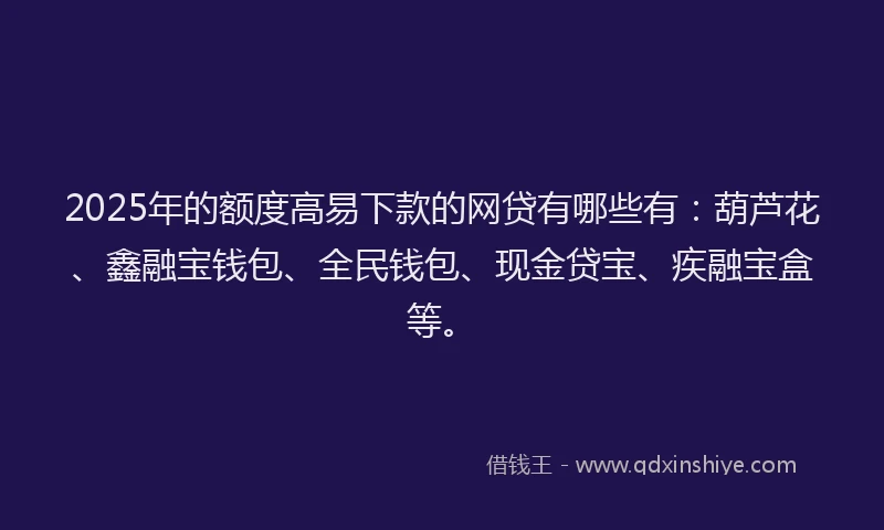 2025年的额度高易下款的网贷有哪些有：葫芦花、鑫融宝钱包、全民钱包、现金贷宝、疾融宝盒等。