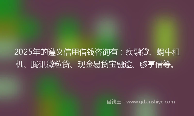 2025年的遵义信用借钱咨询有：疾融贷、蜗牛租机、腾讯微粒贷、现金易贷宝融途、够享借等。