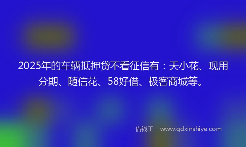 2025年的车辆抵押贷不看征信有：天小花、现用分期、随信花、58好借、极客商城等。