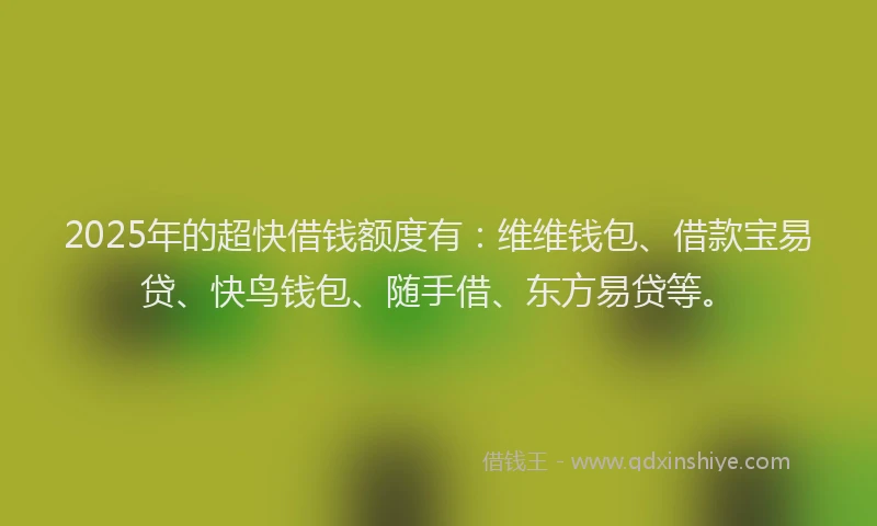 2025年的超快借钱额度有：维维钱包、借款宝易贷、快鸟钱包、随手借、东方易贷等。