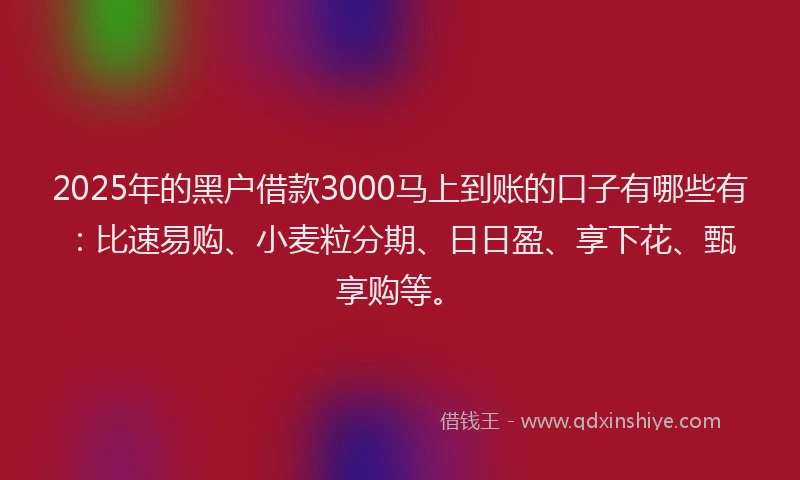 2025年的黑户借款3000马上到账的口子有哪些有：比速易购、小麦粒分期、日日盈、享下花、甄享购等。