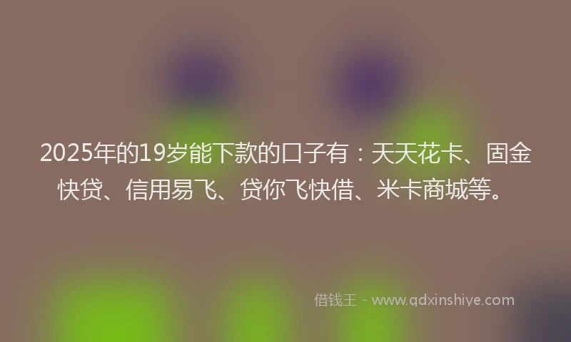 2025年的19岁能下款的口子有：天天花卡、固金快贷、信用易飞、贷你飞快借、米卡商城等。