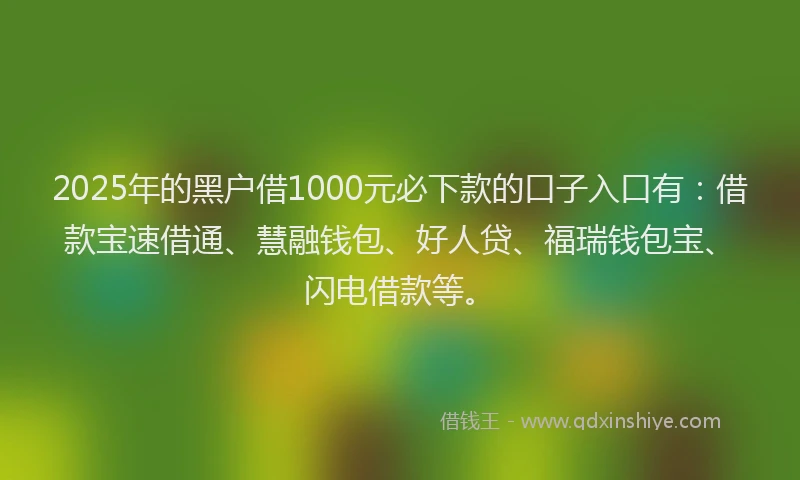 2025年的黑户借1000元必下款的口子入口有：借款宝速借通、慧融钱包、好人贷、福瑞钱包宝、闪电借款等。