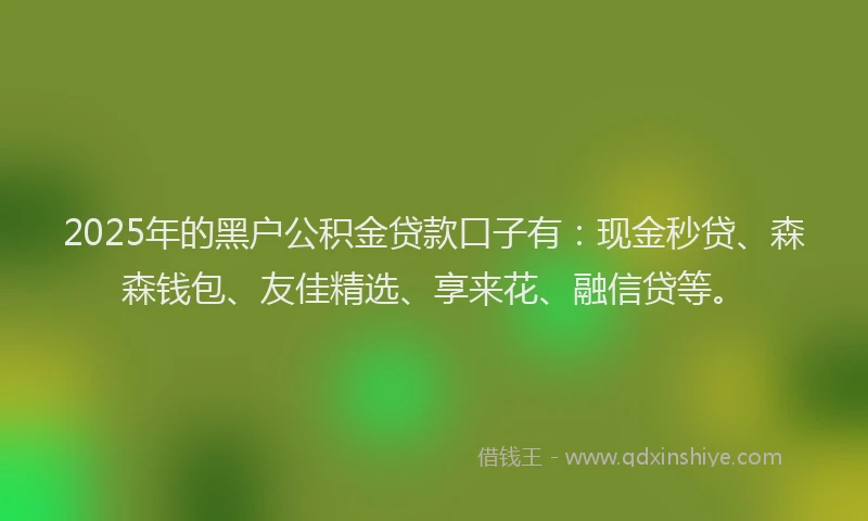 2025年的黑户公积金贷款口子有：现金秒贷、森森钱包、友佳精选、享来花、融信贷等。