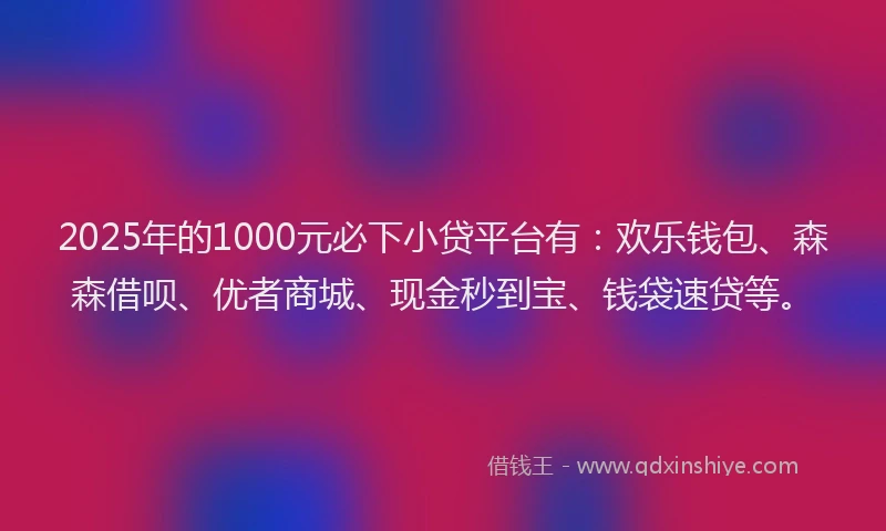 2025年的1000元必下小贷平台有：欢乐钱包、森森借呗、优者商城、现金秒到宝、钱袋速贷等。