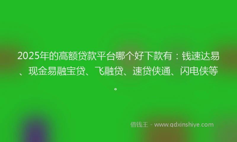 2025年的高额贷款平台哪个好下款有：钱速达易、现金易融宝贷、飞融贷、速贷侠通、闪电侠等。