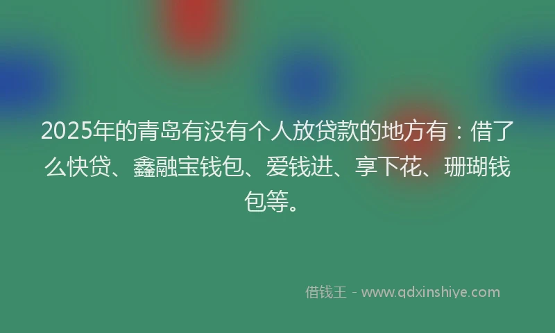 2025年的青岛有没有个人放贷款的地方有：借了么快贷、鑫融宝钱包、爱钱进、享下花、珊瑚钱包等。