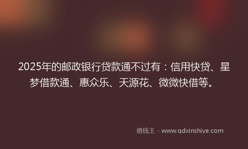 2025年的邮政银行贷款通不过有：信用快贷、星梦借款通、惠众乐、天源花、微微快借等。