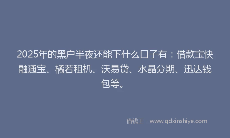 2025年的黑户半夜还能下什么口子有：借款宝快融通宝、橘若租机、沃易贷、水晶分期、迅达钱包等。