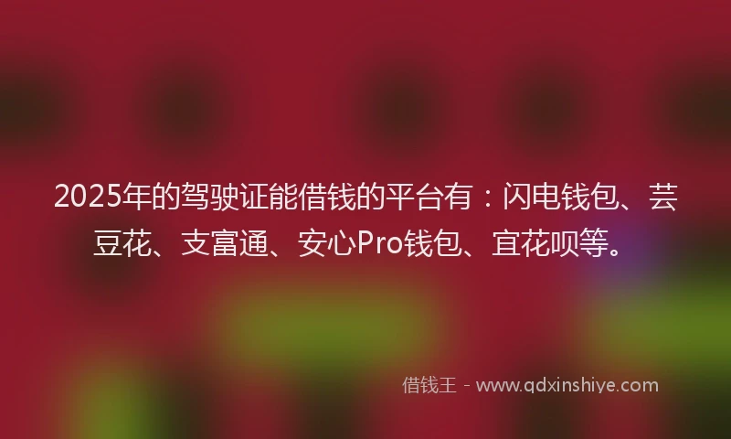 2025年的驾驶证能借钱的平台有：闪电钱包、芸豆花、支富通、安心Pro钱包、宜花呗等。