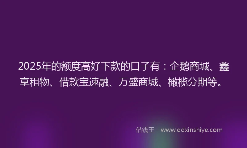 2025年的额度高好下款的口子有：企鹅商城、鑫享租物、借款宝速融、万盛商城、橄榄分期等。