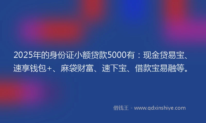 2025年的身份证小额贷款5000有：现金贷易宝、速享钱包+、麻袋财富、速下宝、借款宝易融等。