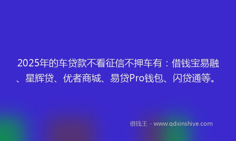 2025年的车贷款不看征信不押车有：借钱宝易融、星辉贷、优者商城、易贷Pro钱包、闪贷通等。