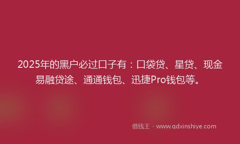 2025年的黑户必过口子有：口袋贷、星贷、现金易融贷途、通通钱包、迅捷Pro钱包等。