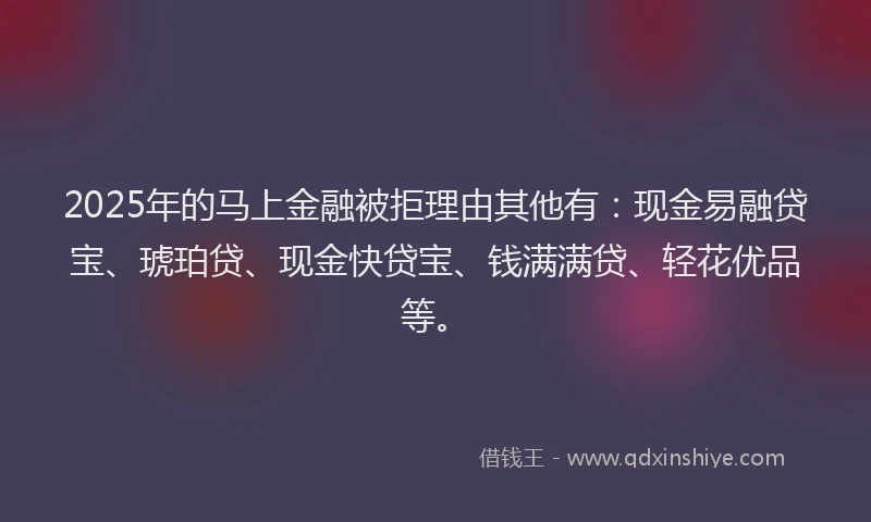2025年的马上金融被拒理由其他有：现金易融贷宝、琥珀贷、现金快贷宝、钱满满贷、轻花优品等。