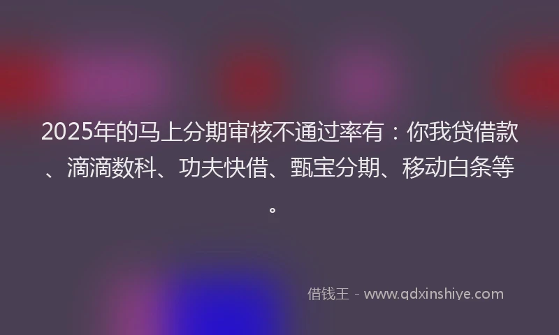 2025年的马上分期审核不通过率有：你我贷借款、滴滴数科、功夫快借、甄宝分期、移动白条等。
