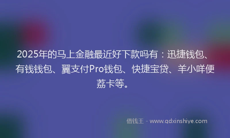 2025年的马上金融最近好下款吗有：迅捷钱包、有钱钱包、翼支付Pro钱包、快捷宝贷、羊小咩便荔卡等。