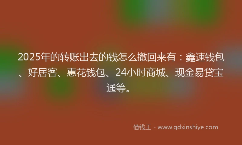 2025年的转账出去的钱怎么撤回来有：鑫速钱包、好居客、惠花钱包、24小时商城、现金易贷宝通等。
