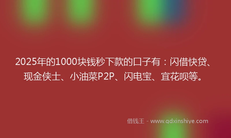2025年的1000块钱秒下款的口子有：闪借快贷、现金侠士、小油菜P2P、闪电宝、宜花呗等。
