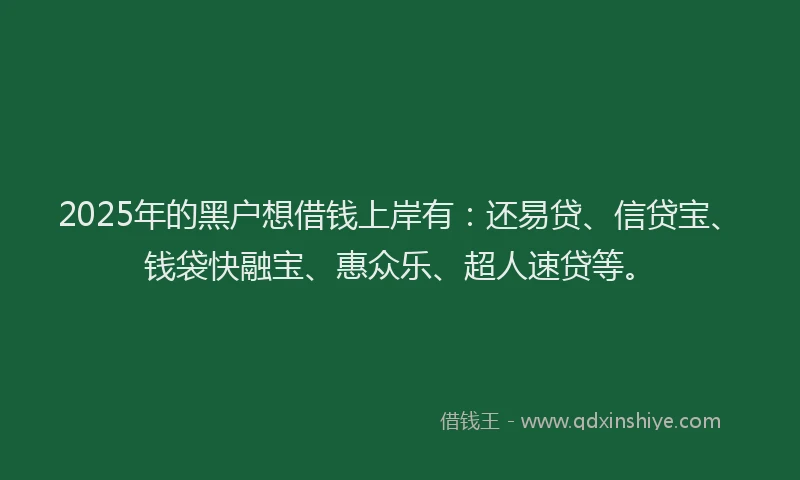 2025年的黑户想借钱上岸有：还易贷、信贷宝、钱袋快融宝、惠众乐、超人速贷等。