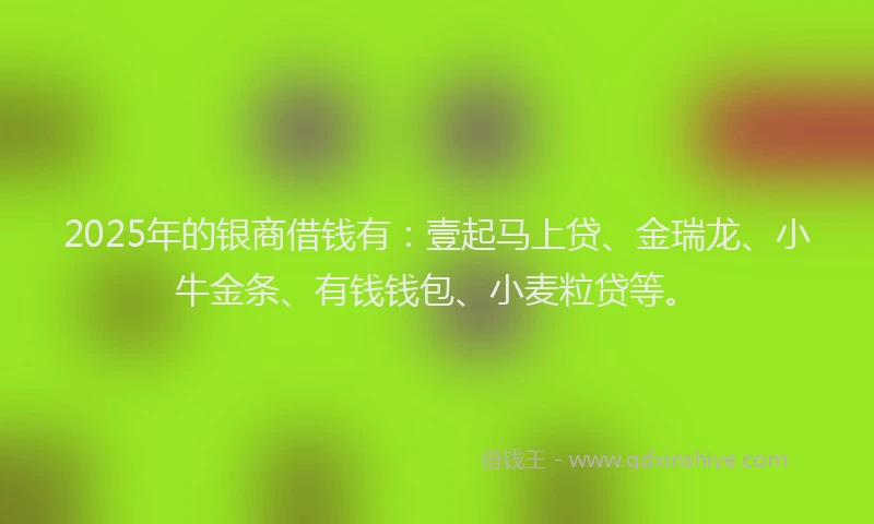 2025年的银商借钱有：壹起马上贷、金瑞龙、小牛金条、有钱钱包、小麦粒贷等。