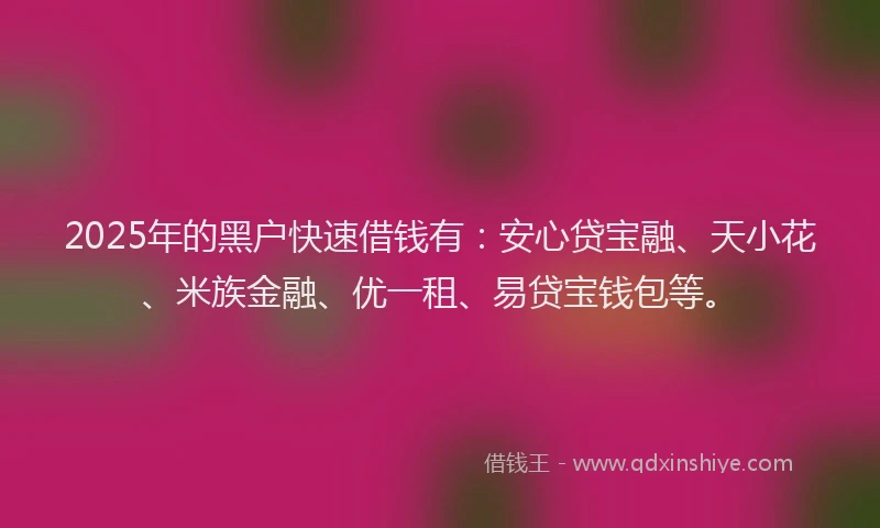 2025年的黑户快速借钱有：安心贷宝融、天小花、米族金融、优一租、易贷宝钱包等。