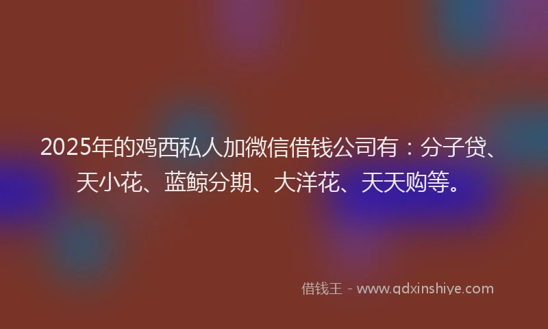 2025年的鸡西私人加微信借钱公司有：分子贷、天小花、蓝鲸分期、大洋花、天天购等。