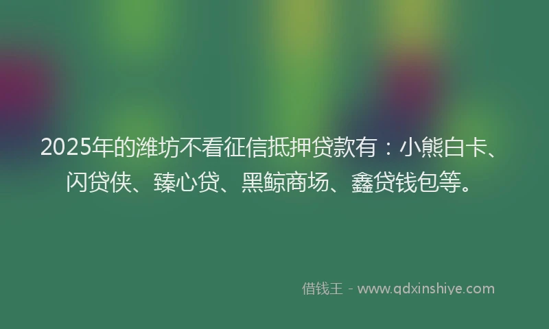 2025年的潍坊不看征信抵押贷款有：小熊白卡、闪贷侠、臻心贷、黑鲸商场、鑫贷钱包等。