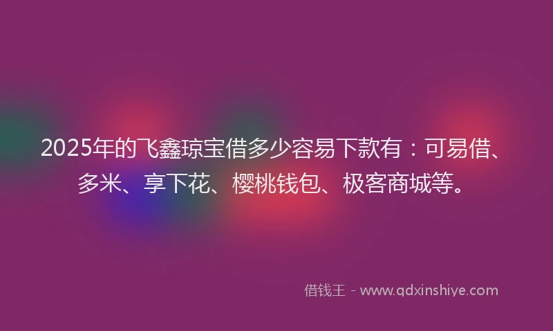 2025年的飞鑫琼宝借多少容易下款有：可易借、多米、享下花、樱桃钱包、极客商城等。