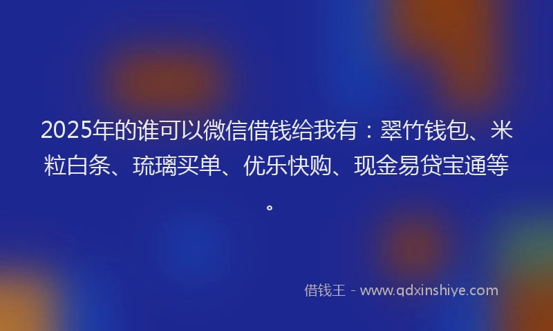 2025年的谁可以微信借钱给我有：翠竹钱包、米粒白条、琉璃买单、优乐快购、现金易贷宝通等。