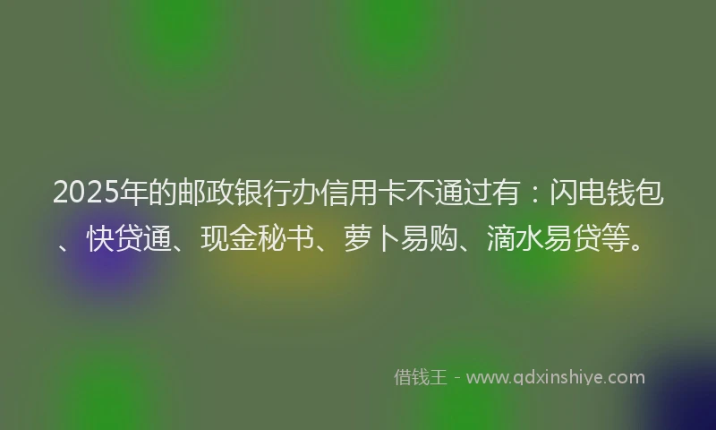 2025年的邮政银行办信用卡不通过有：闪电钱包、快贷通、现金秘书、萝卜易购、滴水易贷等。