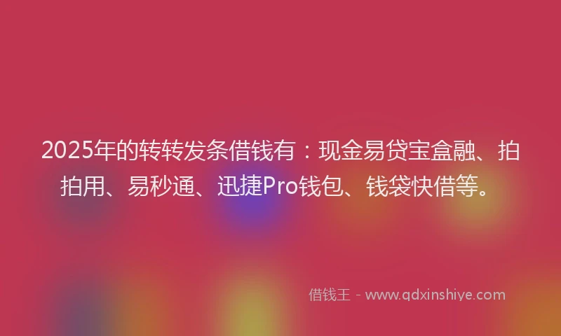 2025年的转转发条借钱有：现金易贷宝盒融、拍拍用、易秒通、迅捷Pro钱包、钱袋快借等。