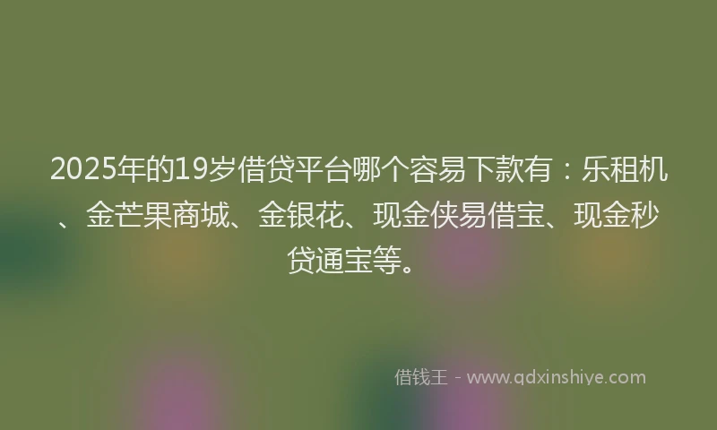 2025年的19岁借贷平台哪个容易下款有：乐租机、金芒果商城、金银花、现金侠易借宝、现金秒贷通宝等。