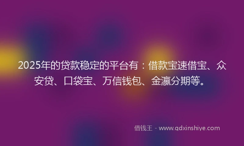 2025年的贷款稳定的平台有：借款宝速借宝、众安贷、口袋宝、万信钱包、金瀛分期等。
