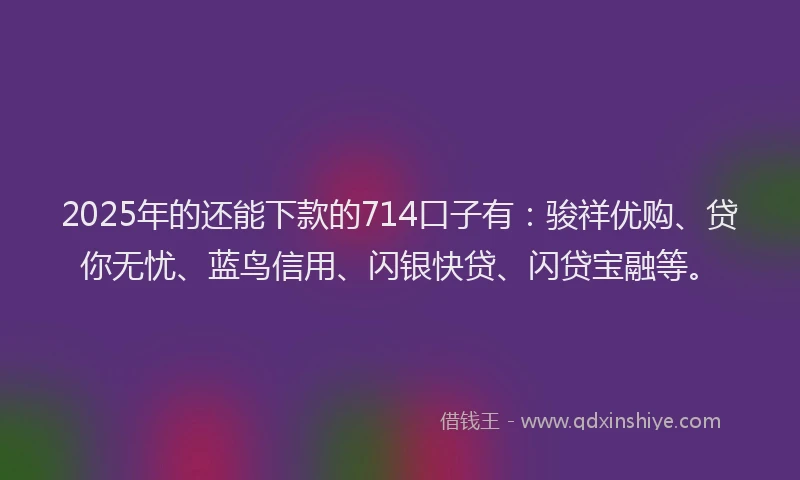 2025年的还能下款的714口子有：骏祥优购、贷你无忧、蓝鸟信用、闪银快贷、闪贷宝融等。