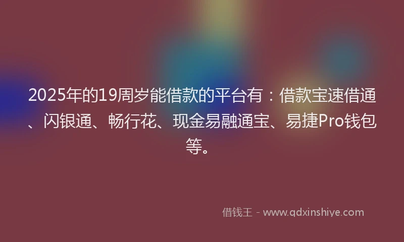 2025年的19周岁能借款的平台有：借款宝速借通、闪银通、畅行花、现金易融通宝、易捷Pro钱包等。