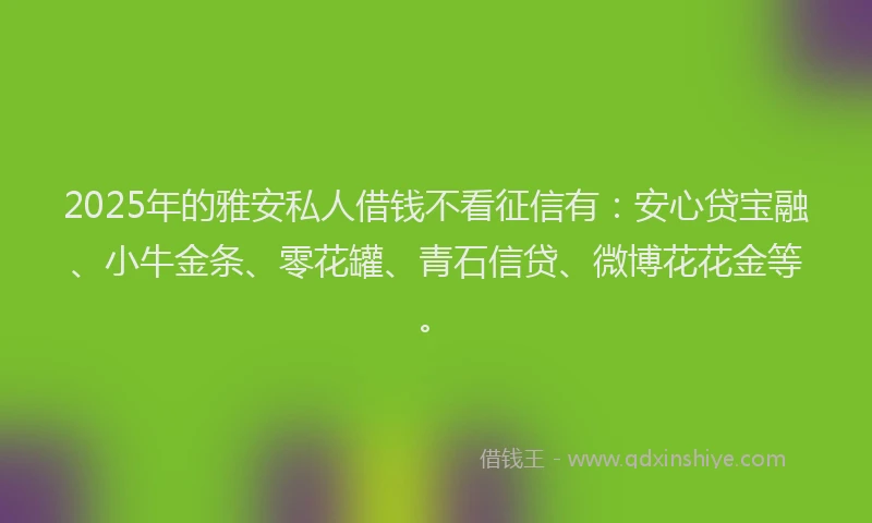 2025年的雅安私人借钱不看征信有：安心贷宝融、小牛金条、零花罐、青石信贷、微博花花金等。