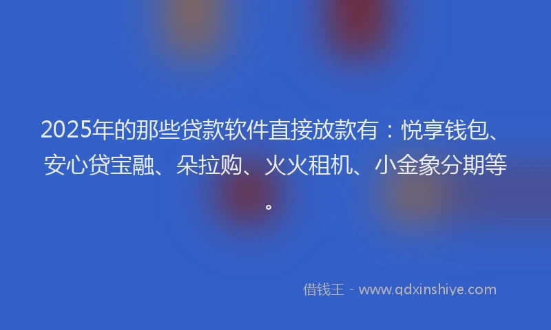2025年的那些贷款软件直接放款有：悦享钱包、安心贷宝融、朵拉购、火火租机、小金象分期等。